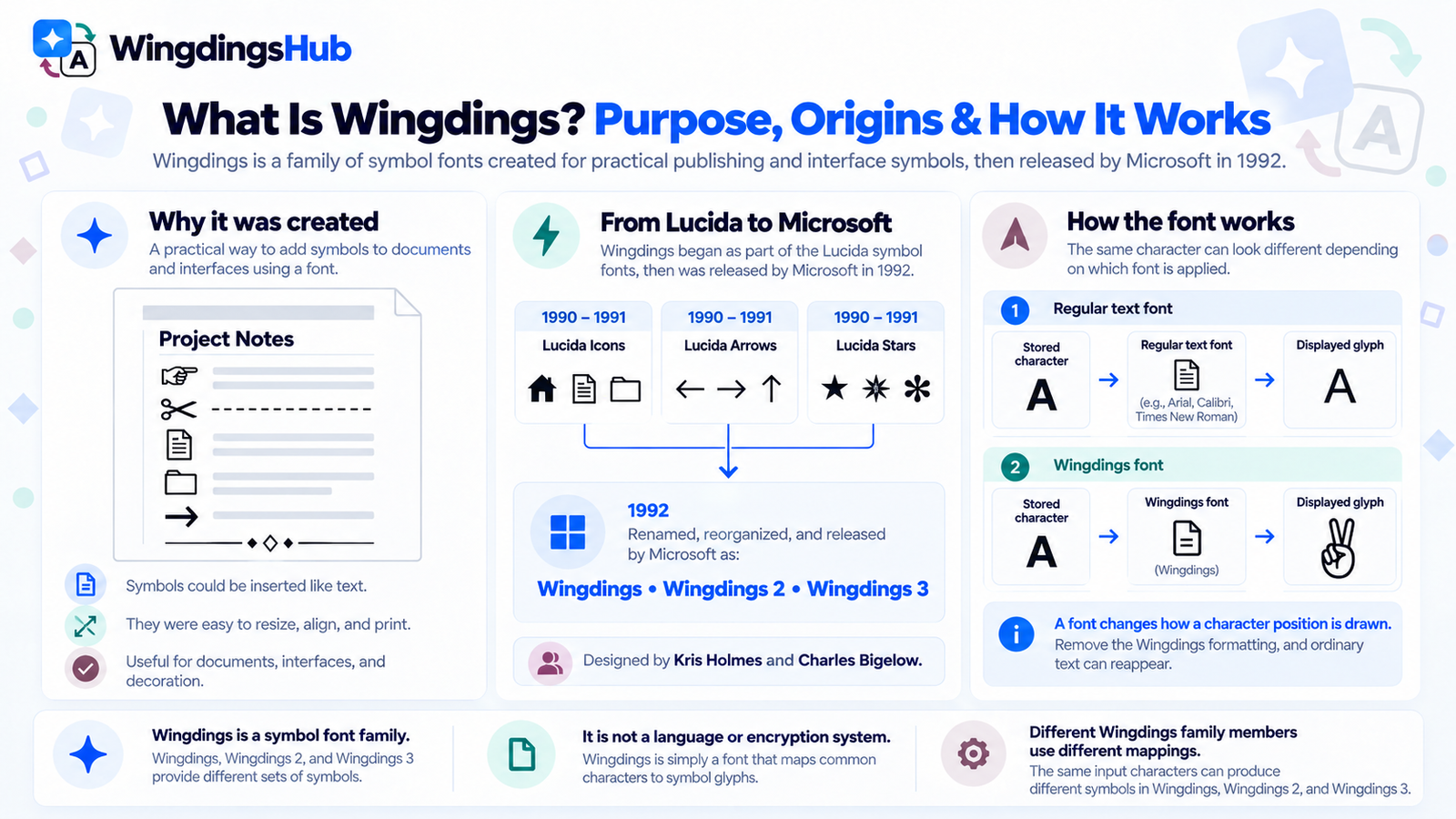 Diagram showing the difference between a character and a Wingdings glyph